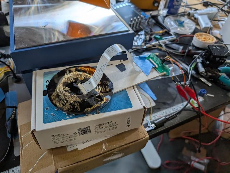 The wafer and attached connector in a bench test setup